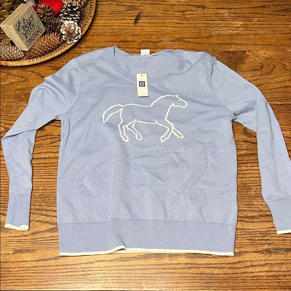 GAP Light Blue Crew Neck Sweater with Horse Design